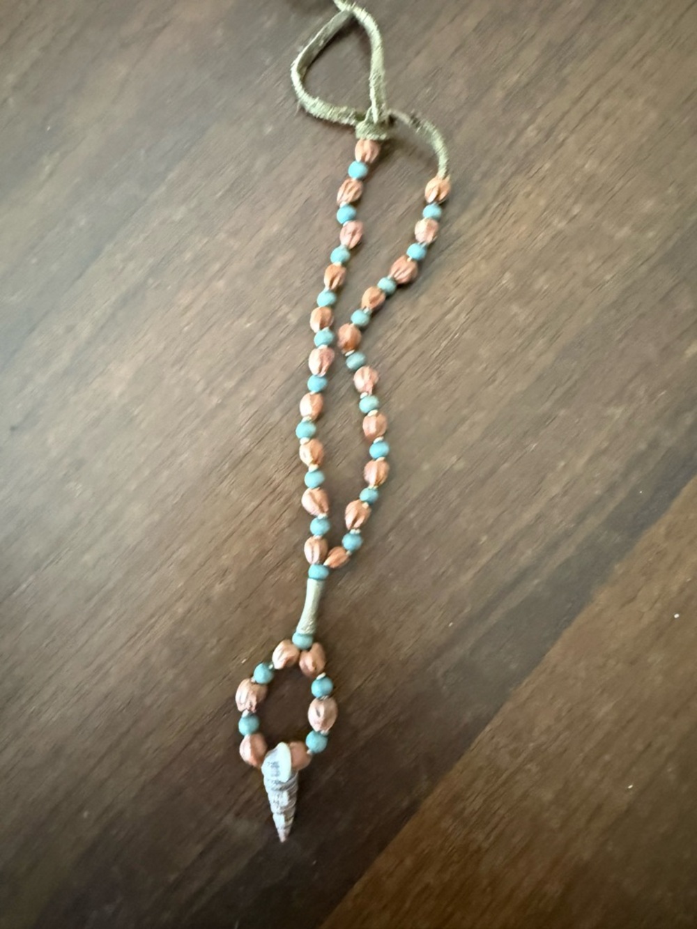 Handmade Turquoise and Brown Beaded Shell Pendant Necklace